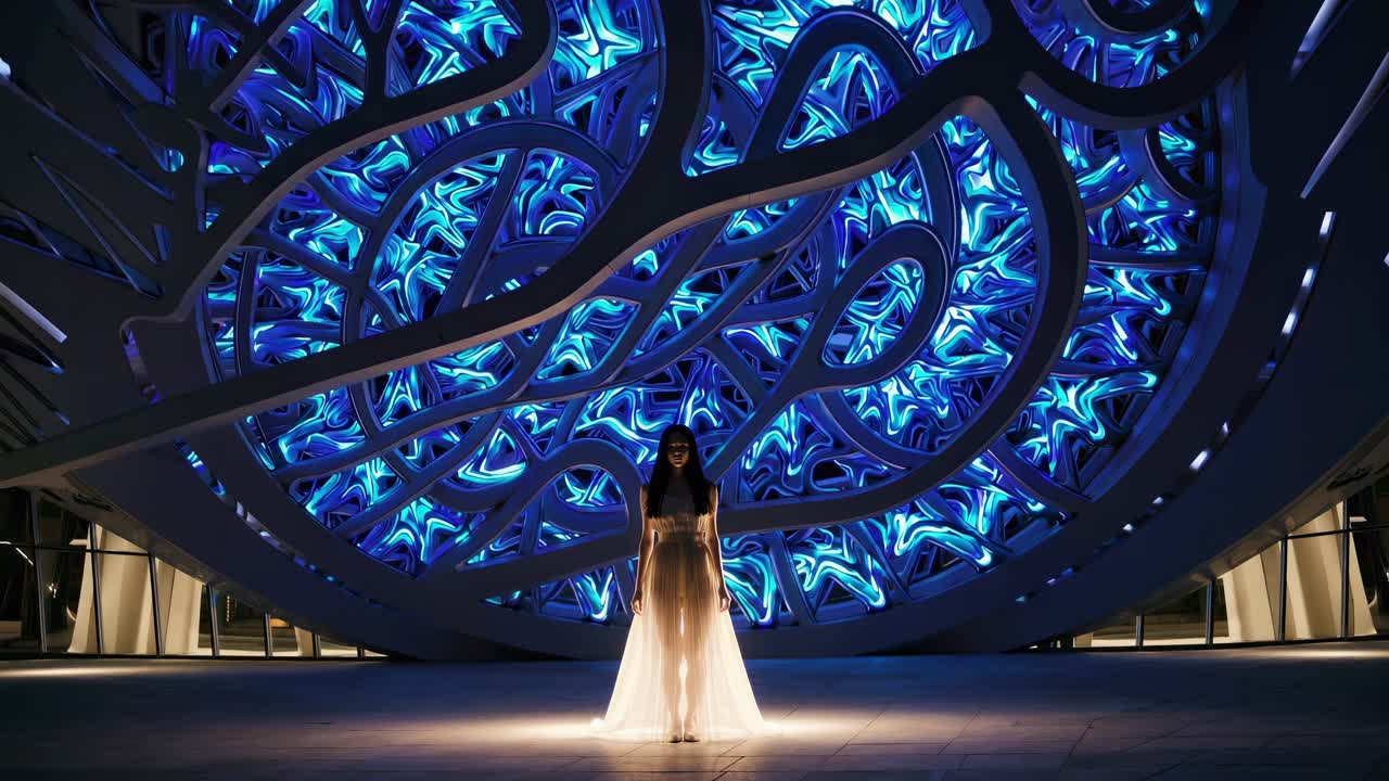 Woman wearing elegant dress standing under big round futuristic blue led installation illuminating the floor at night, creating a beautiful and serene atmosphere