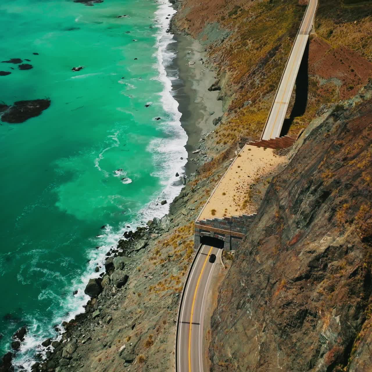 Dangerous road coming by the middle of the mountain. Stunning view of the azure Pacific ocean meeting rocky coastline. Aerial perspective