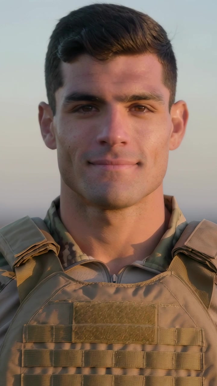 Vídeo vertical: Homem em pé com camuflagem e colete tático bege de frente para a câmera ao pôr do sol enquanto a câmera faz zoom.