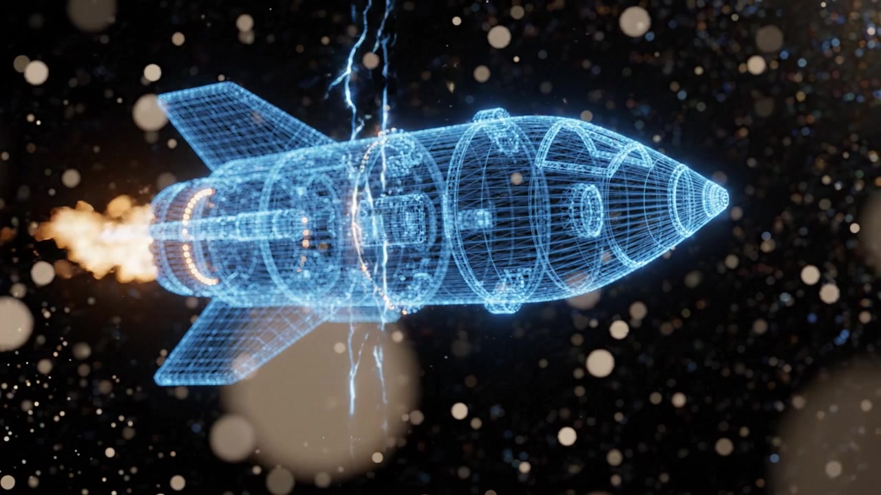 A Stunning Visualization of a Holographic Rocket in Flight, Showcasing Its Structure Amidst a Cosmic Background Full of Sparkling Particles and Energy Waves