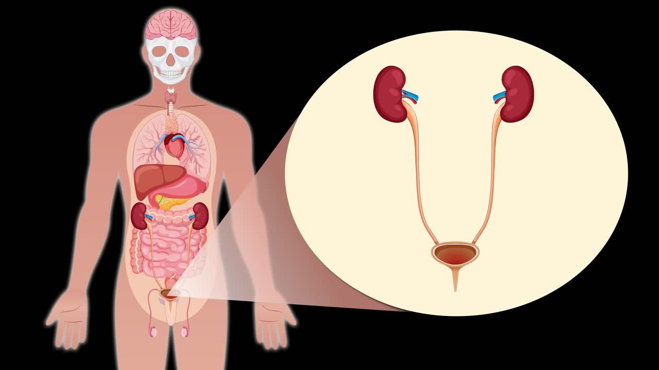 Animation transitions from a full-body human silhouette to a detailed anatomical view, zooming into the urinary system with kidneys, ureters, and bladder highlighted