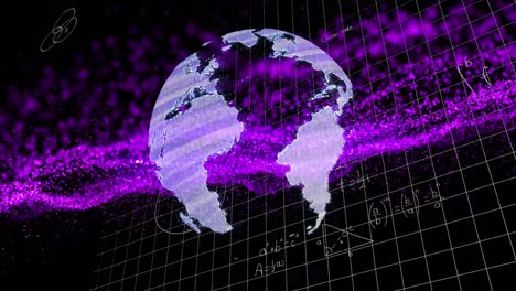 Animation-of-dynamic-wave-of-dots-around-rotating-globe-over-mathematics-symbols