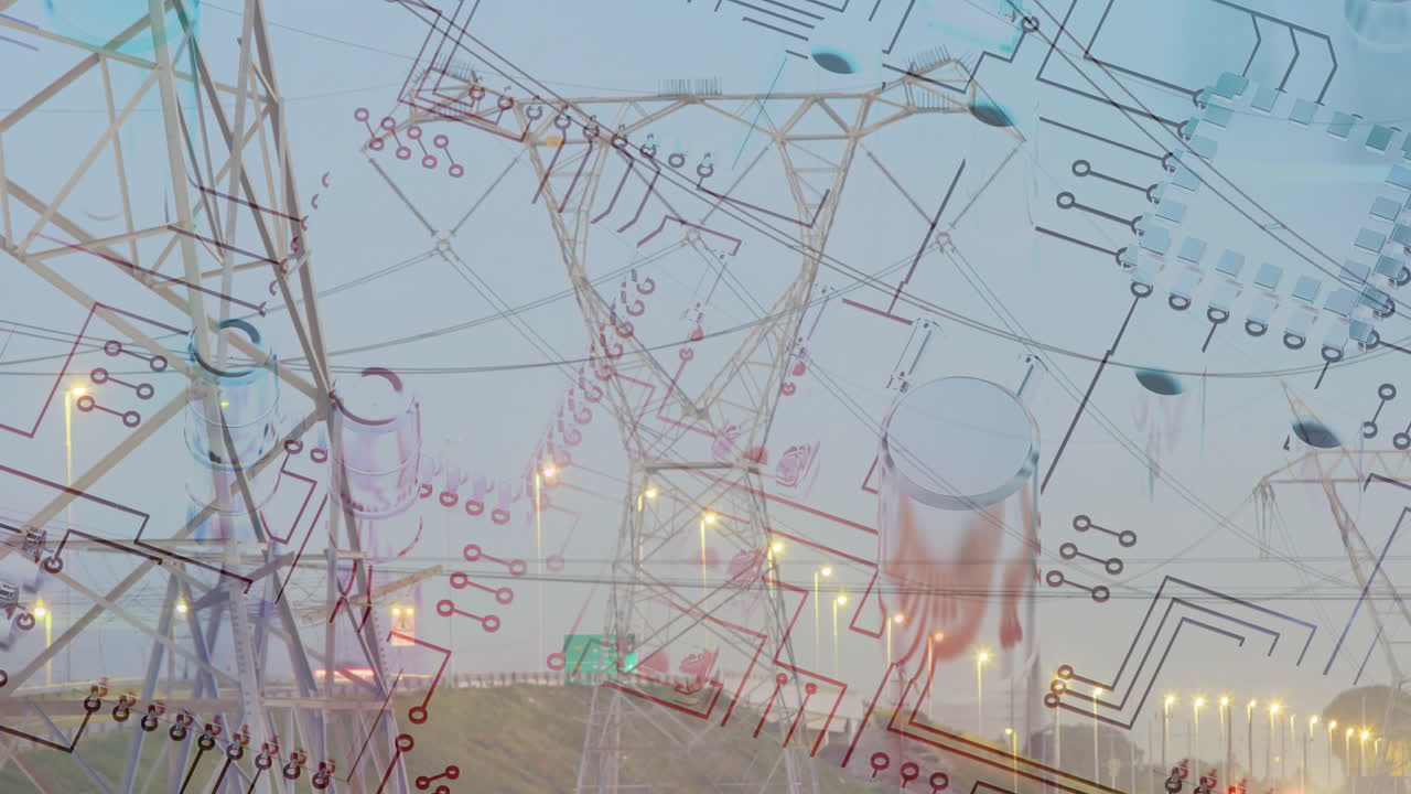 High-voltage tower merging with transparent circuit overlay at dawn, showing power lines and grass