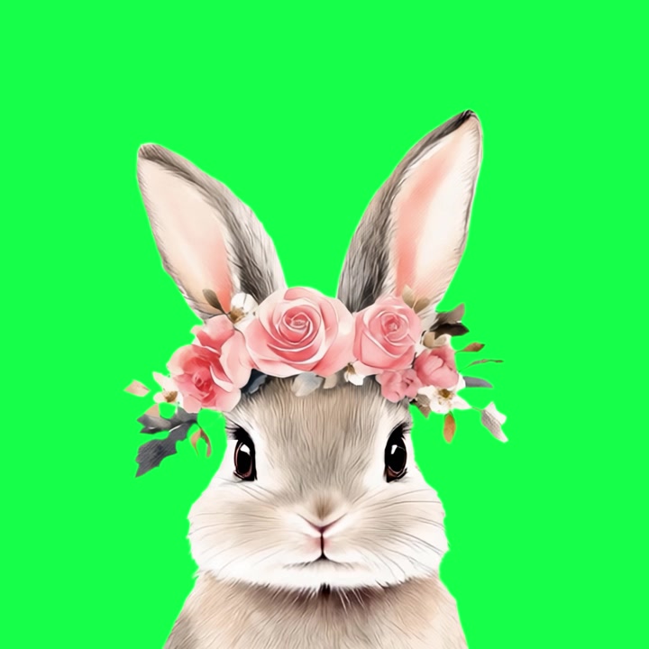 グリーンバックで花冠をかぶったかわいいウサギ