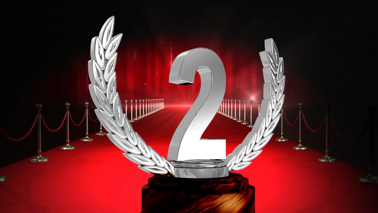 Animation of second place award trophy at winners' red carpet prize giving ceremony