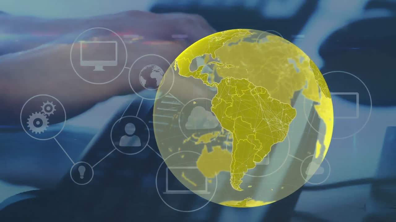 animación del globo y la red de conexiones a través de las manos escribiendo en el teclado