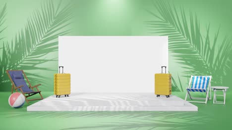 3D-Rendering-Animation-Des-Leeren-Kopierraums-Des-Produkts-Mit-Lichtaufbau-Und-Reisekonzept-Mit-Laptop-Und-Koffer-Auf-Tropischem-Palmenstrand-grünem-Hintergrund