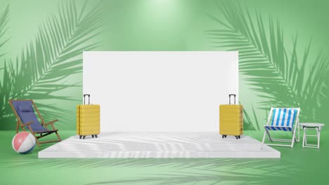 animación de renderización 3d del producto espacio de copia vacío con configuración de luz y concepto de viaje con portátil y maleta en fondo verde de playa de palmeras tropicales