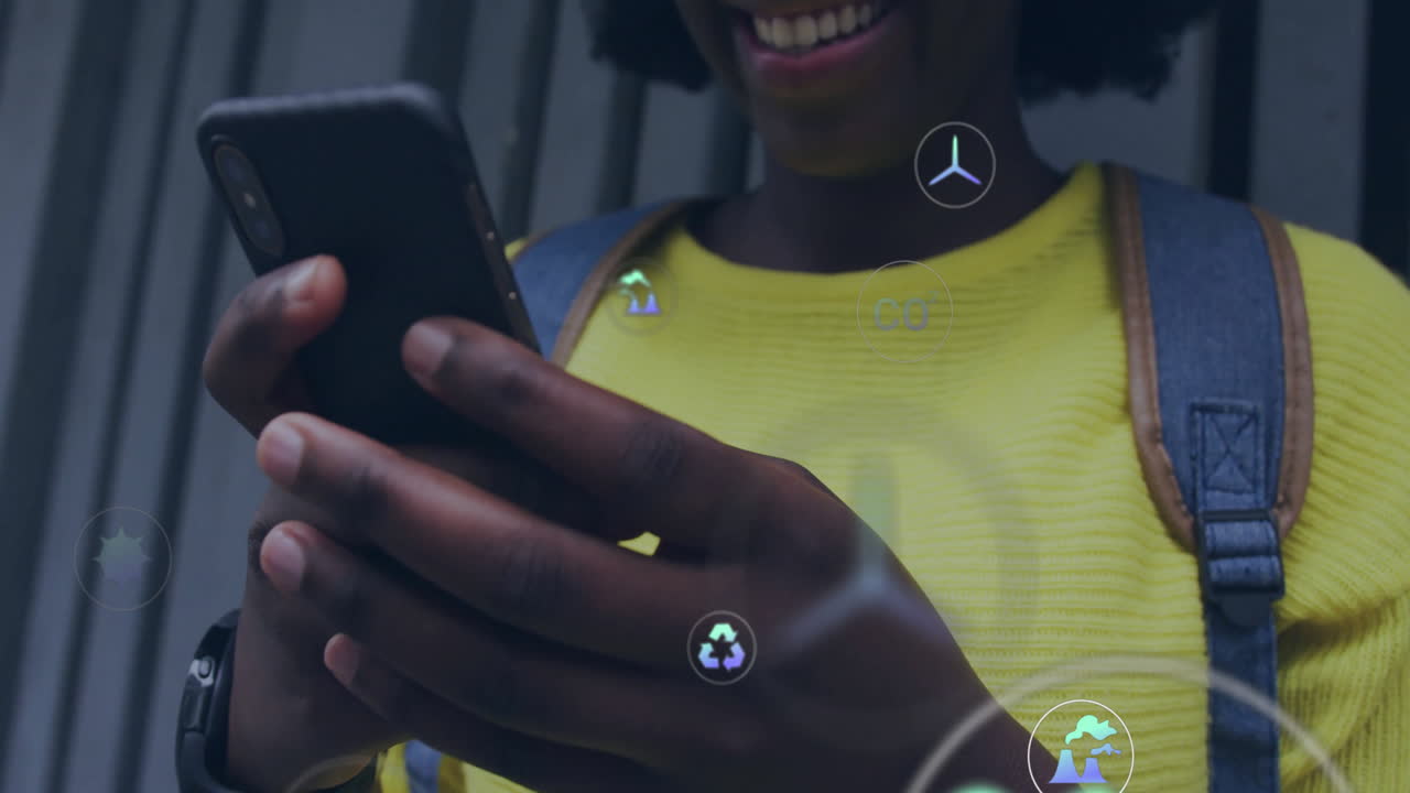 Smiling person using smartphone with digital data and code overlay animation
