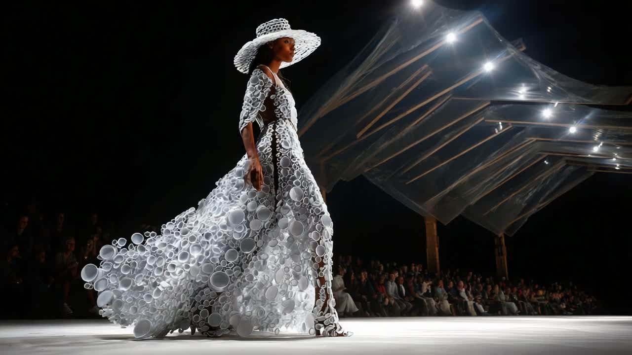 A stunning haute couture model showcases a captivating white gown adorned with intricate, circular designs, set against a dramatic illuminated runway backdrop, elegance in motion