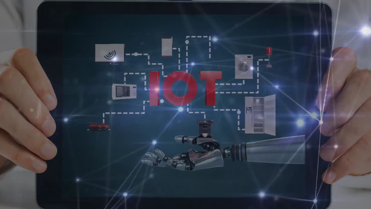 로 ⁇  손과 아이콘을 가진 태블릿을 들고 있는 손을 통해 연결 네트워크의 애니메이션