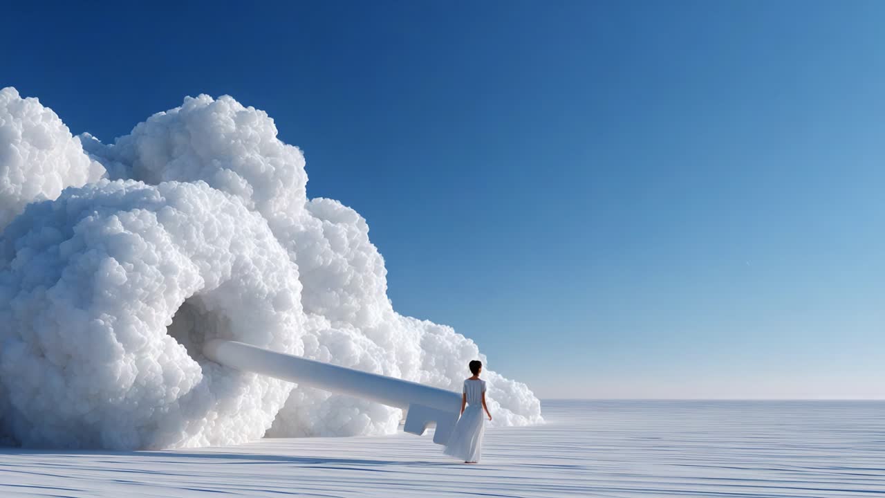 A surreal scene featuring a figure in a white dress standing before a giant key emerging from fluffy clouds, symbolizing mystery, imagination, and infinite possibilities in a dreamy landscape