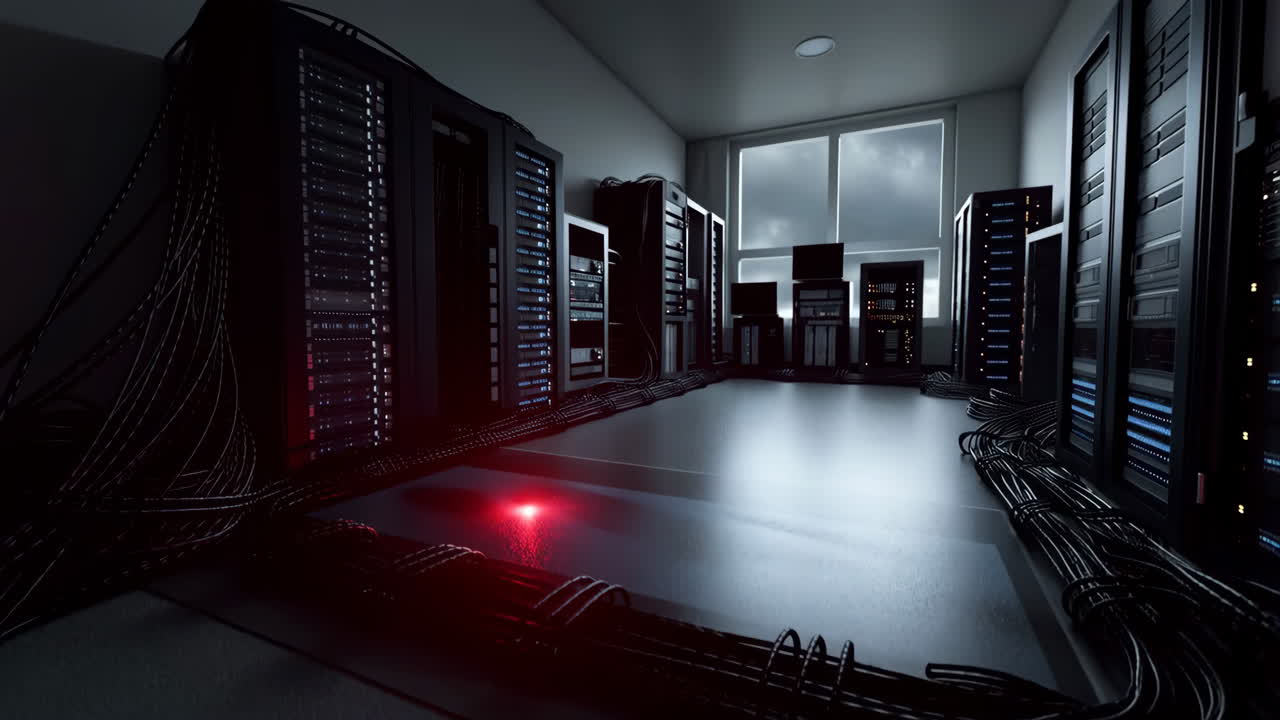 Gloomy Server Room with Racks and Cables | Data Center Technology