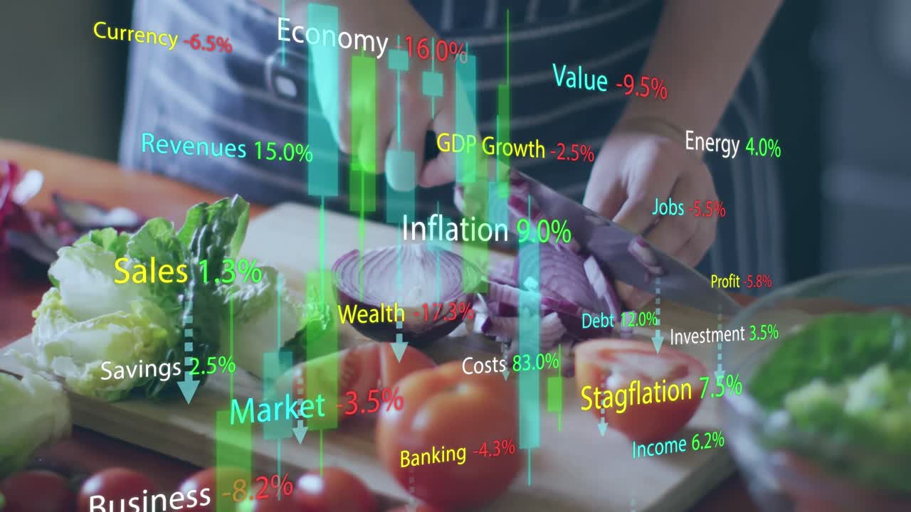 부 ⁇ 에서 요리하는 백인 여성에 대한 금융 데이터 처리 애니메이션