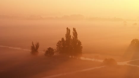 amanecer brumoso sobre un paisaje rural