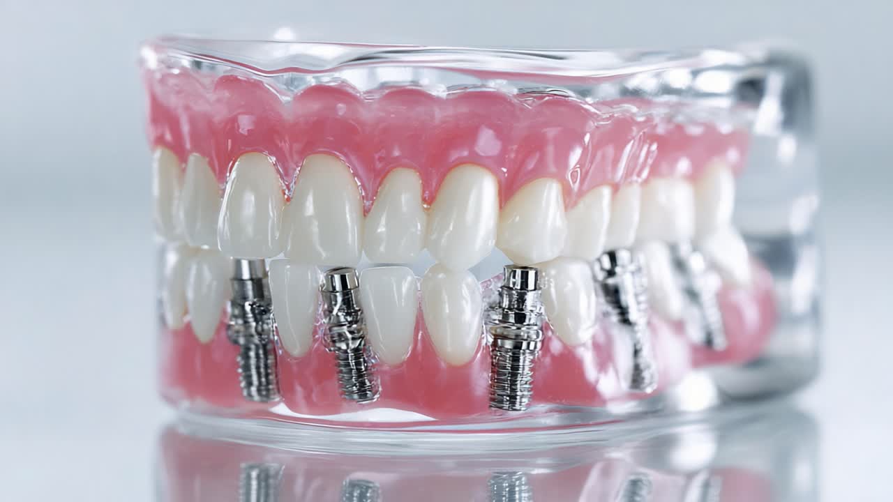 Detailed View of Dental Implants in a Model Jaw, Showcasing the Integration of Prosthetic Components with Natural Teeth for Enhanced Aesthetic and Functional Restoration
