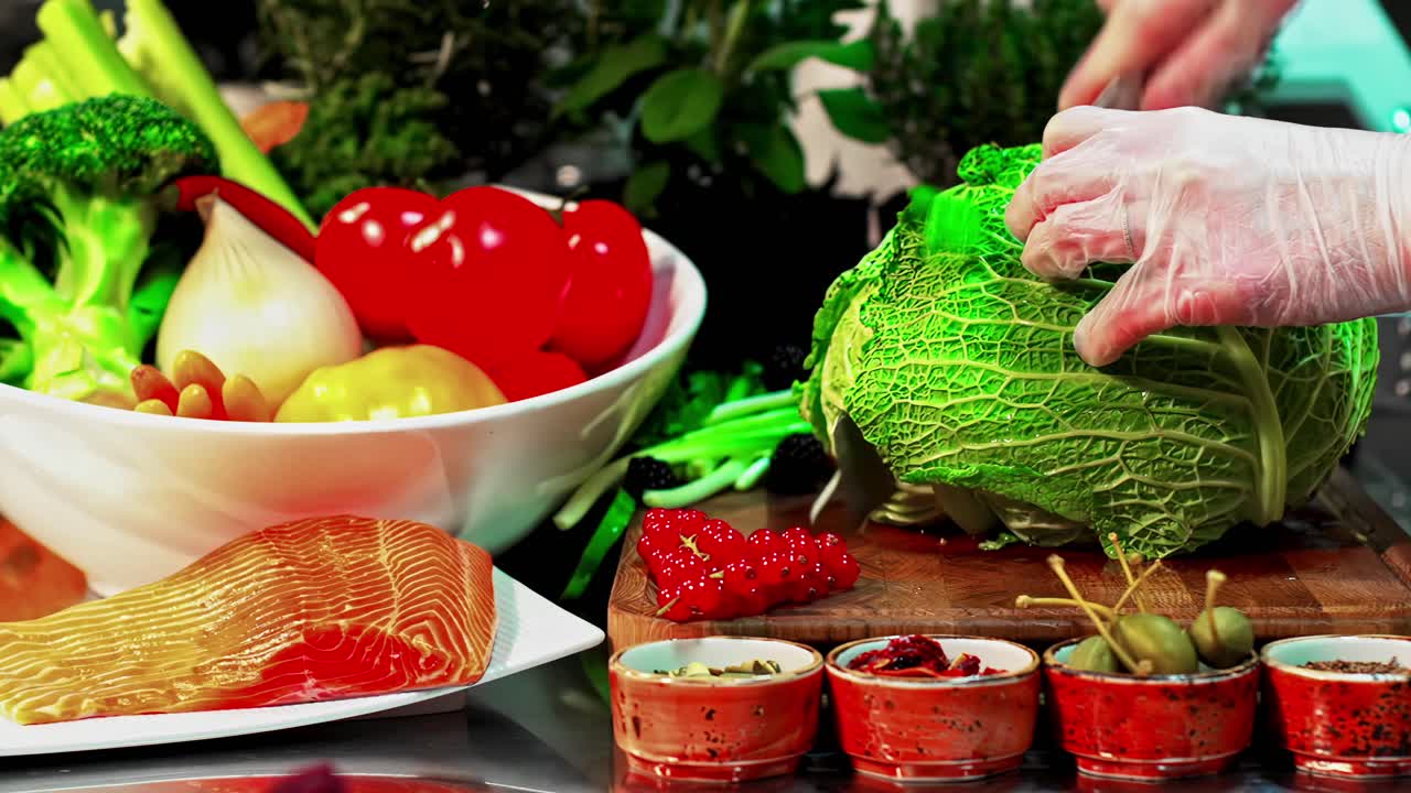 Cooking cutting fresh cabbage vegetables salmon ingredients recipe fish dish