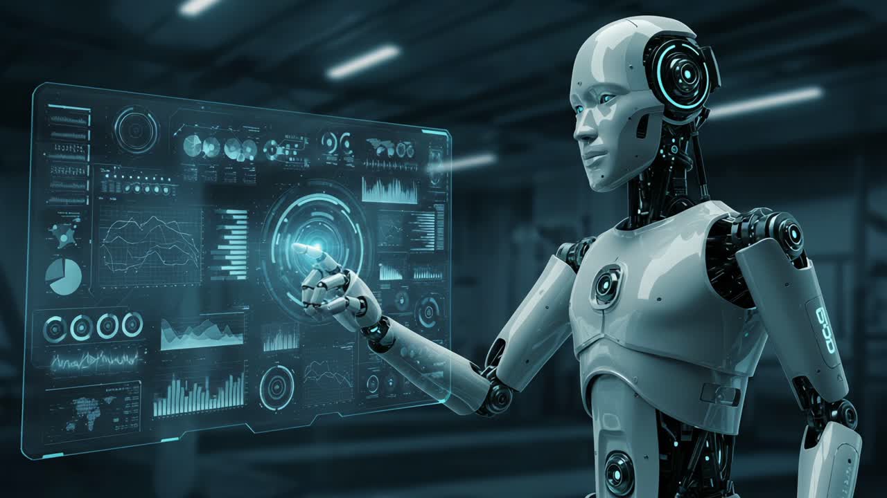 An advanced humanoid robot interfaces with a digital control panel, showcasing complex data visualizations and technological capabilities in a futuristic environment