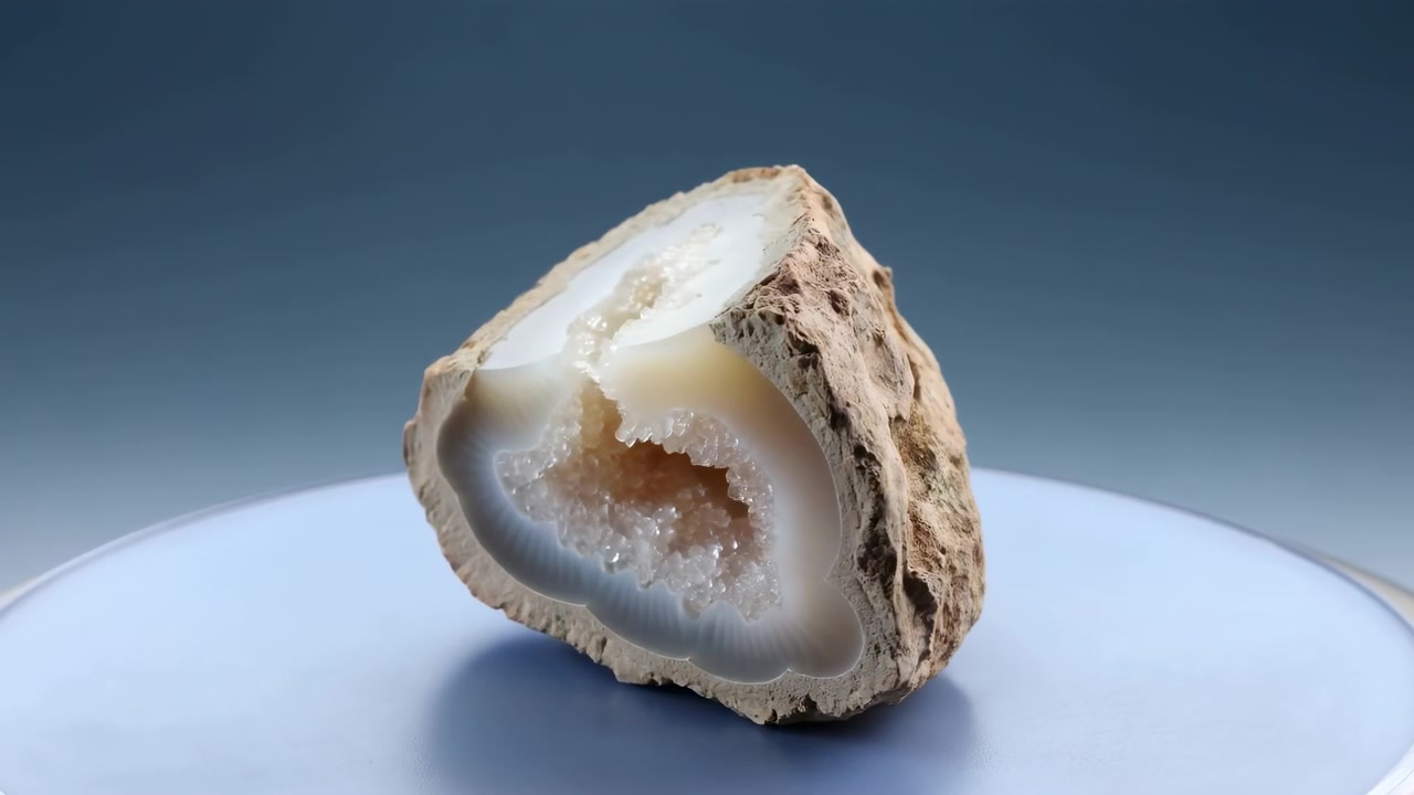 Gros plan d'une géode partiellement coupée sur une assiette ronde pâle, révélant une cavité cristalline étincelante, une bande de calcédoine translucide et lisse et une croûte extérieure rugueuse, avec une lumière de studio douce et diffuse et une faible profondeur de champ.