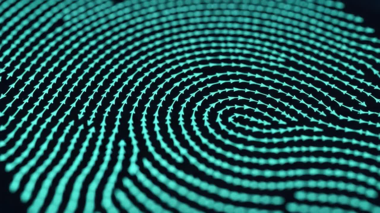 A Close-Up View of a Detailed and Intricate Digital Fingerprint Pattern Highlighting Unique Swirls and Arrows Signifying Identity and Security Features