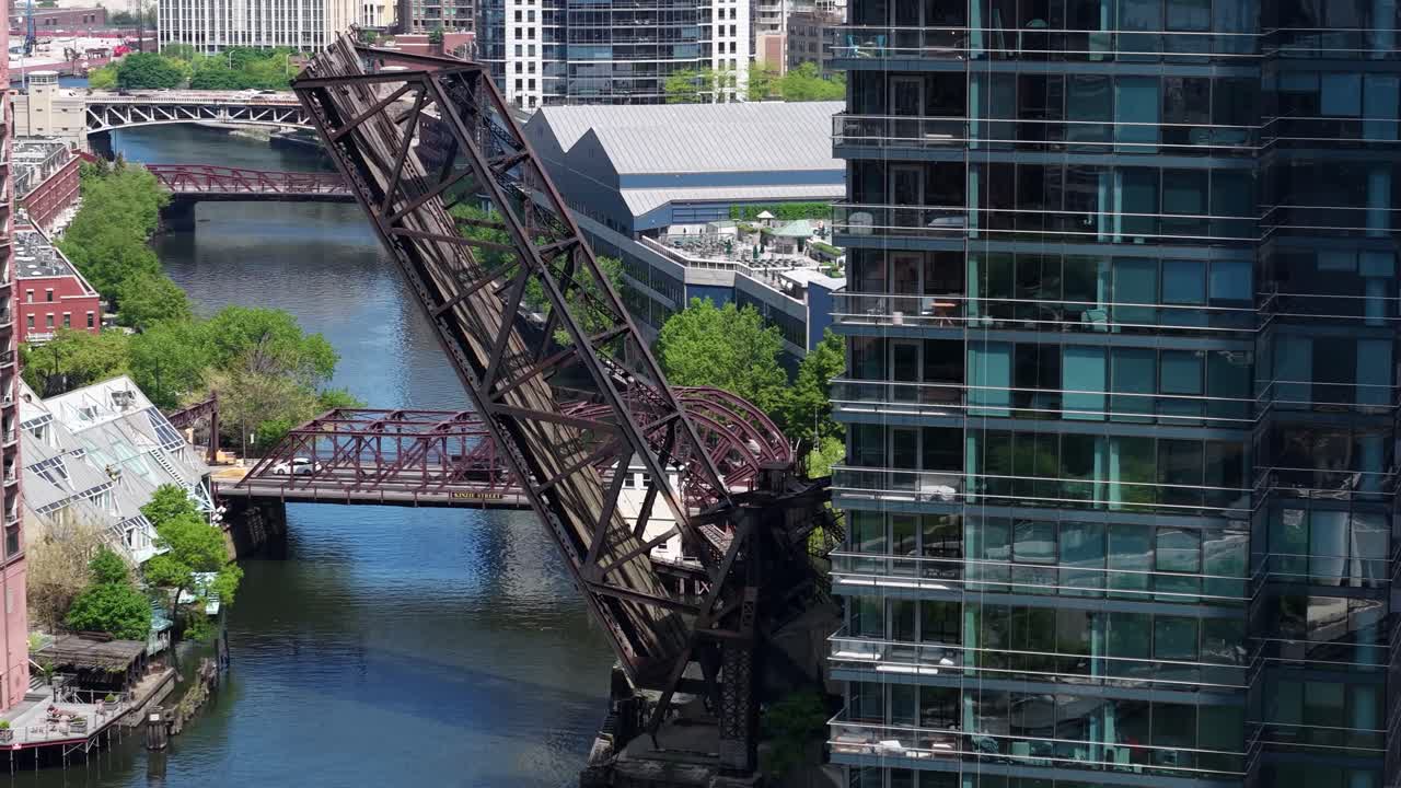 Chicago USA, Drone Shot of Kinzie Street Railroad Bascule Bridge, Permanently Raised Above River, Historic City Landmark