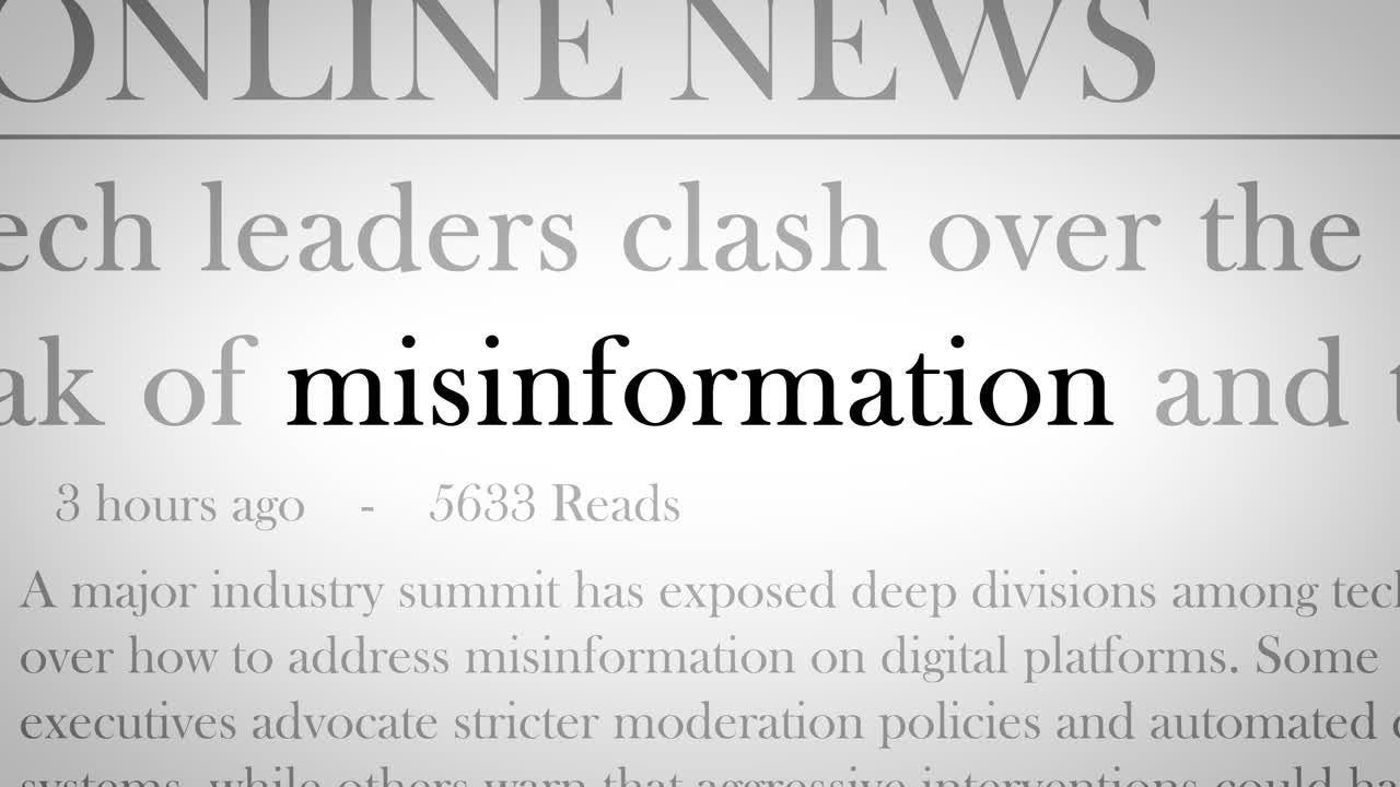 Concept video highlighting the spread of online misinformation, featuring flashing headlines about research warnings, public trust, and the growing impact of false digital content