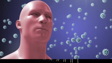 animación de una cabeza humana sobre múltiples células de virus flotando sobre un fondo azul