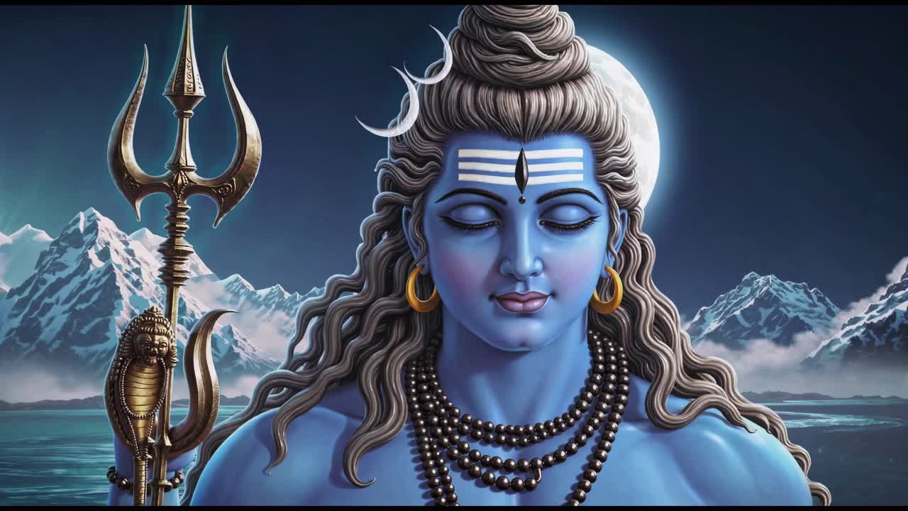 A serene depiction of a blue-skinned deity with a trident, against a mountainous backdrop