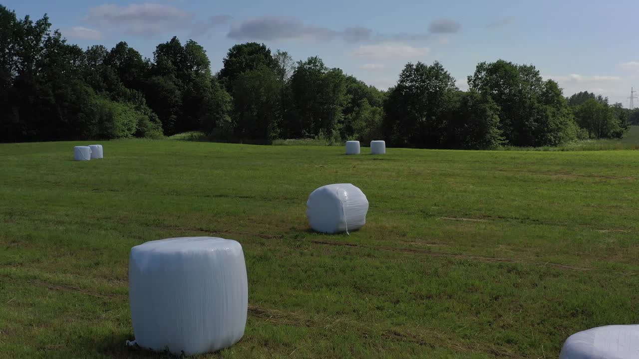 Wrapped white hay bales on summer meadow, aerial
