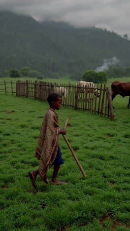 african boy herding cattle