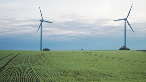 two slowly rotating wind turbines tower above the green agricultural field