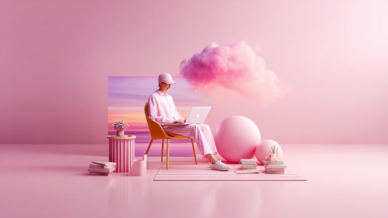 A stylish individual seated in a pink-themed creative workspace, immersed in laptop work, surrounded by pastel-colored decor, clouds, and books, embodying modern aesthetic vibes