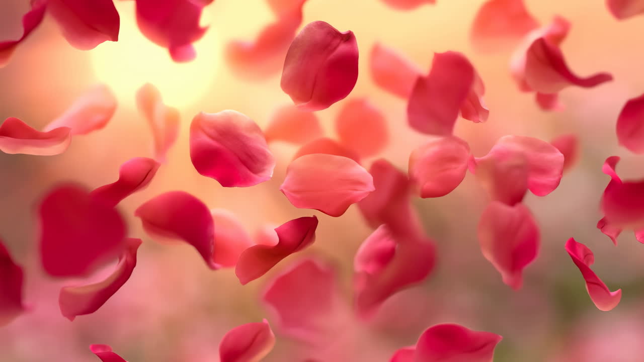 Pétalas de rosa cor-de-rosa flutuando lentamente, bokeh quente do nascer do sol, contraluz suave, descida delicada, profundidade rasa.
