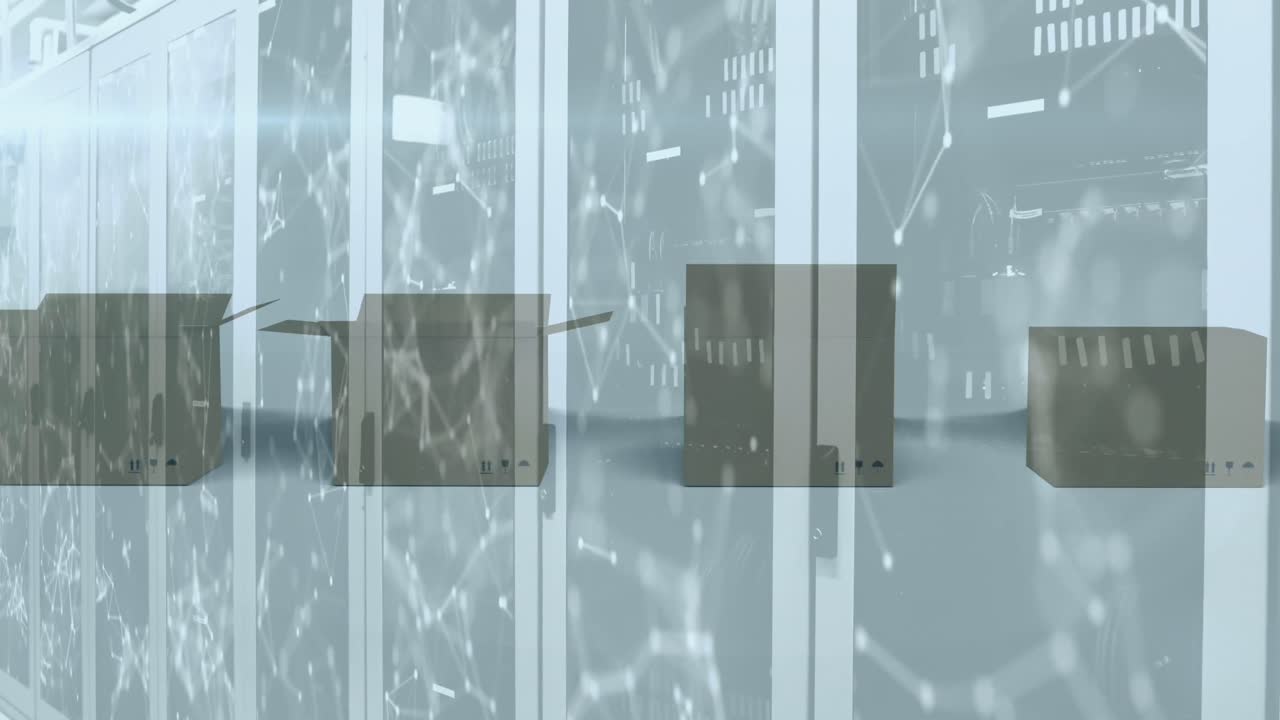 카드보드 상자를 움직이는 컴퓨터 서버를 통해 연결 네트워크의 애니메이션