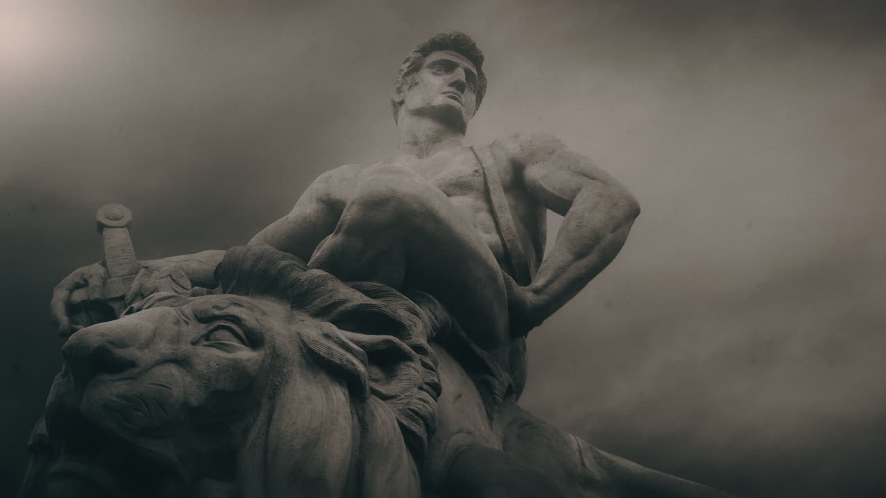 Epic, ancient stone statue on cloudy day and windy weather.