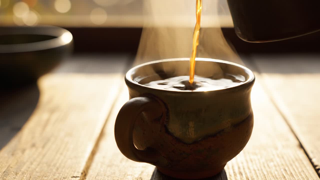 Hælder varm kaffe i et krus og holder det ved et vindue