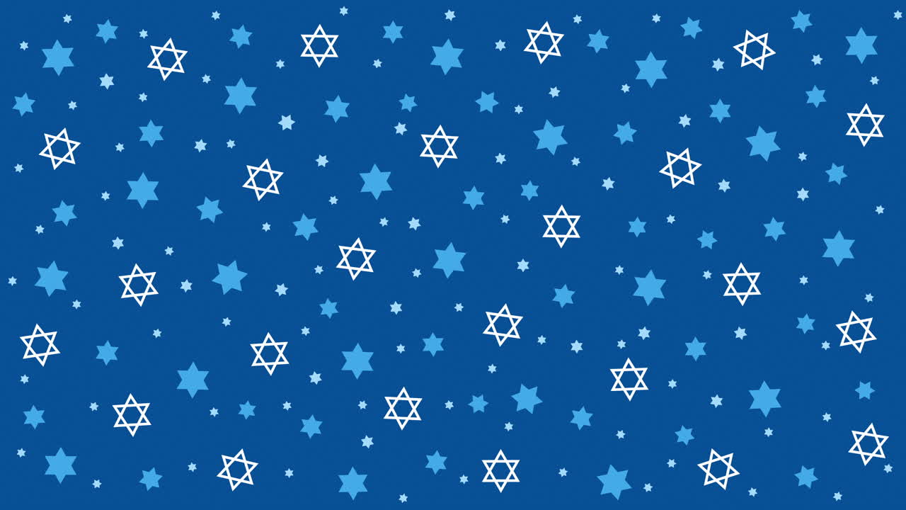 Star of David traditional Jewish symbol pattern. Loop animation icon on blue background.