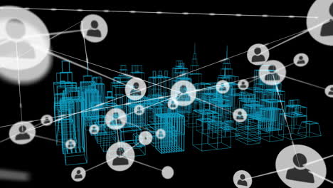 network of connections and data processing animation over wireframe cityscape