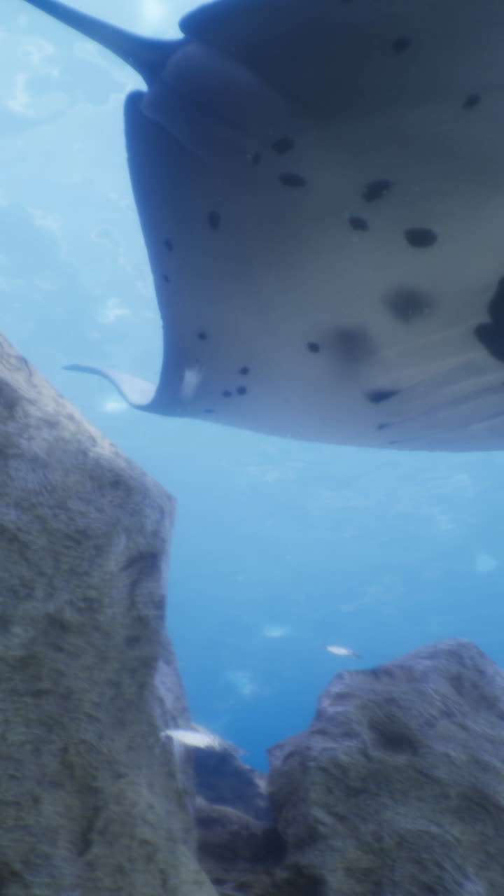Manta ray gliding gracefully above rocky seabed in clear blue ocean water