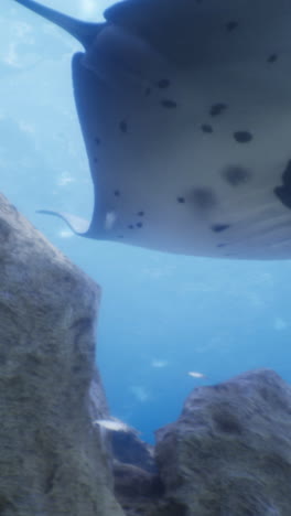 manta ray gliding gracefully above rocky seabed in clear blue ocean water
