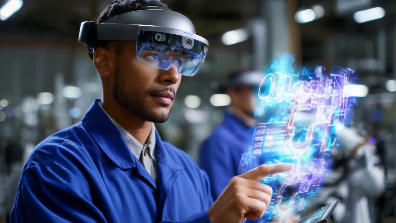 A focused individual wearing augmented reality glasses interacts with sophisticated holographic technology, demonstrating advanced digital interfaces in a modern industrial setting, emphasizing innovation and collaboration