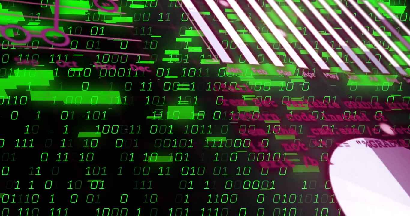 Binary matrix expanding on pullback in tech UI streaming glitch blocks over magenta UI showing data