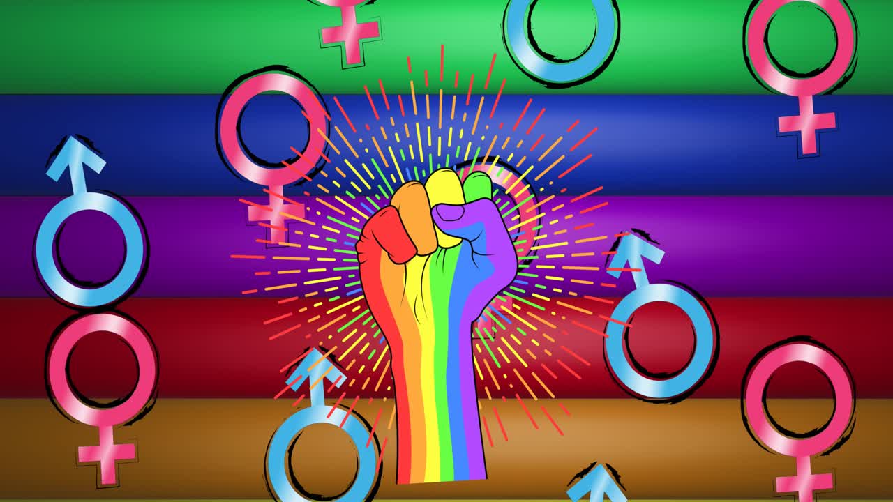 Animation of rainbow fist with radiating lines male and female symbols on striped background