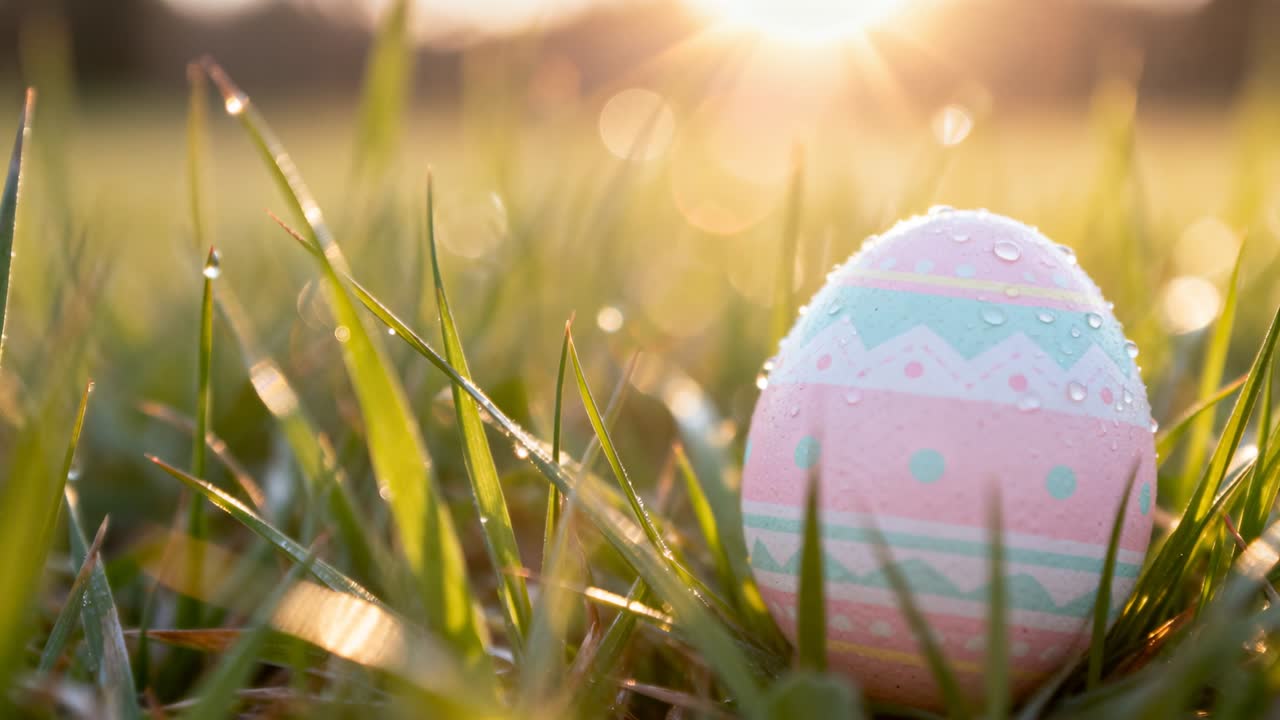 Sun intensifying, Easter egg sitting in dewy grass, droplets brightening to reveal patterned bands