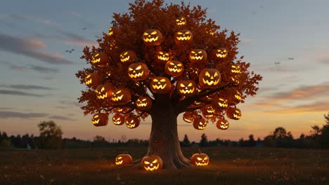 a spooky autumn scene featuring a majestic tree adorned with glowing jack-o'-lanterns, illuminating the twilight sky with a festive halloween spirit