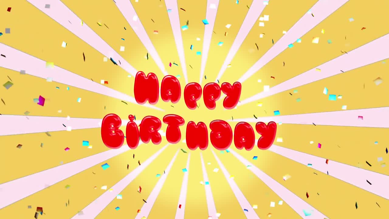 회전하는 노란색과  ⁇ 색 줄무 ⁇ 에 쓰여진 생일 축하