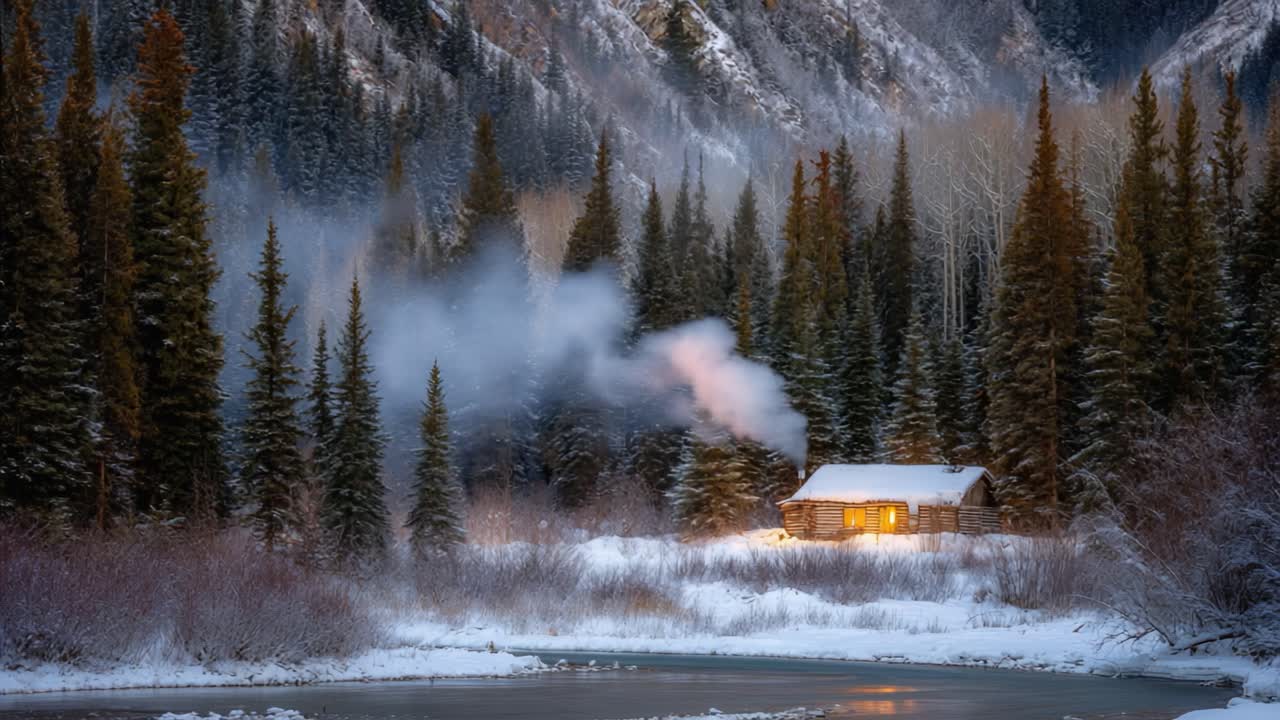 A Cozy Cabin in the Winter Landscape Surrounded by Snowy Pines and Mountains with Smoke Rising from the Chimney, Evoking a Sense of Warmth and Solitude in Nature's Embrace