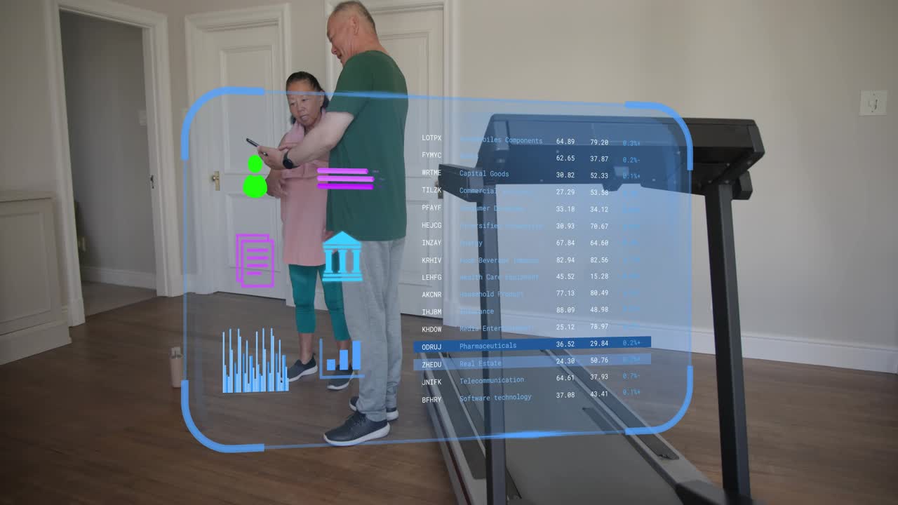 Woman exercising while man entering and adjusting wearable, AR overlay monitoring treadmill fitness