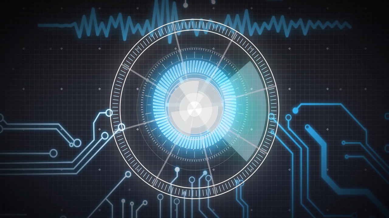 Glowing blue circuits and circular patterns creating futuristic digital animation