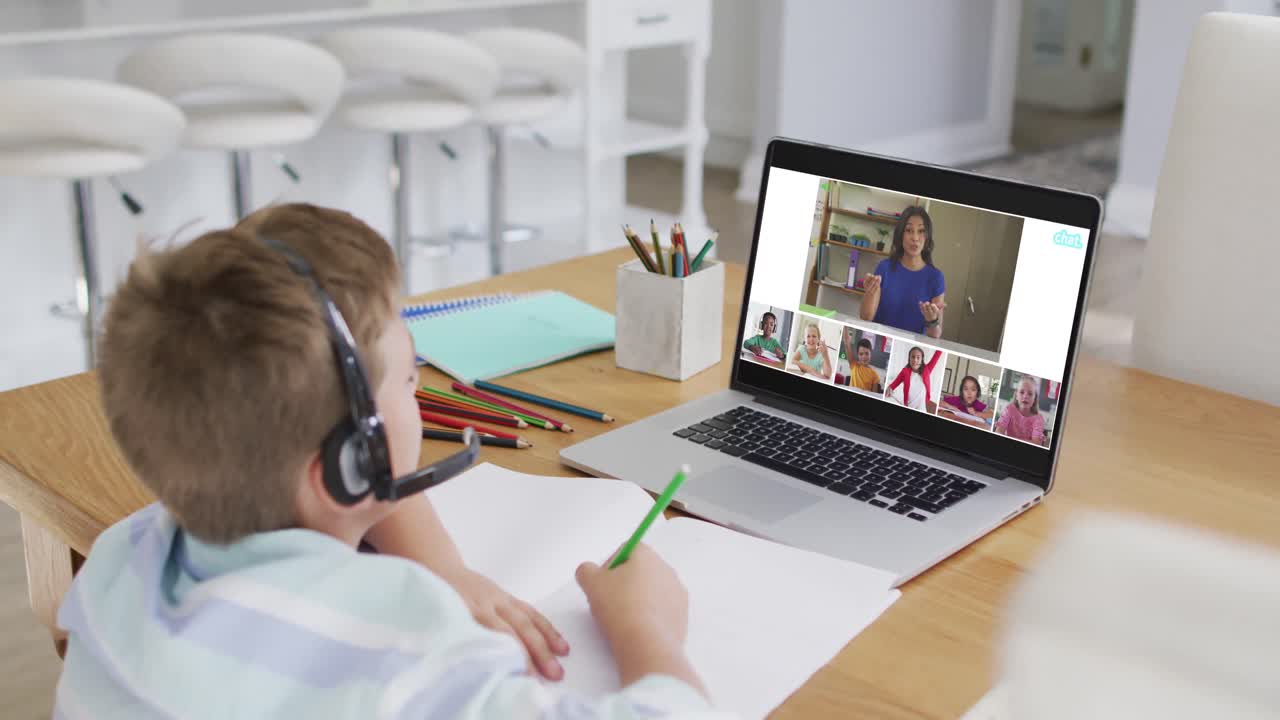 Composite of boy using laptop for online lesson at home, with diverse teacher and class on screen